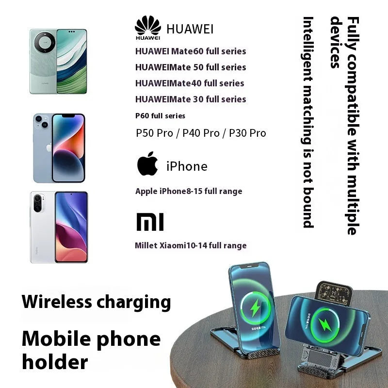 2-in-1 wireless phone charger with foldable bracket, black ABS plastic, 143mm wide