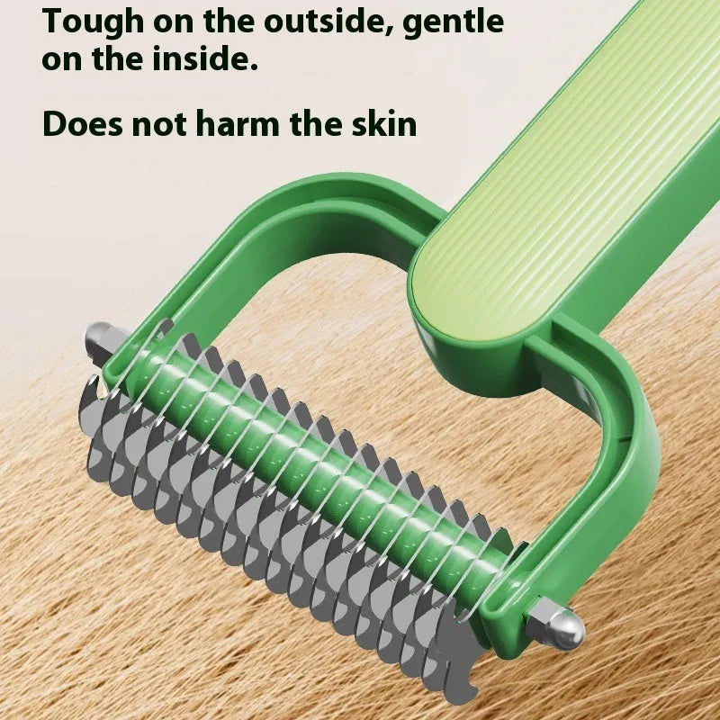 Green and grey pet unknotting comb for dogs with stainless steel teeth on a PP handle.