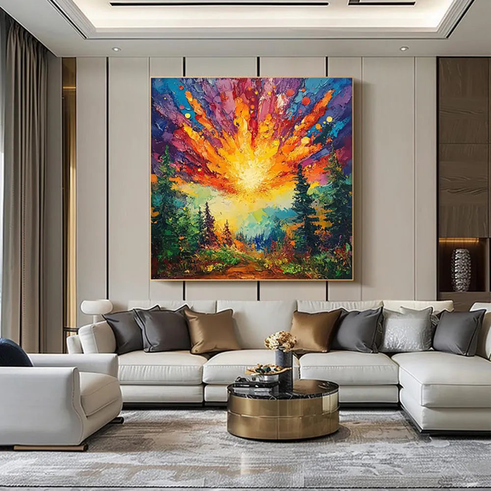 Hand-painted oil painting of a sun rising in a deep forest with brilliant light, square canvas wall art without frame