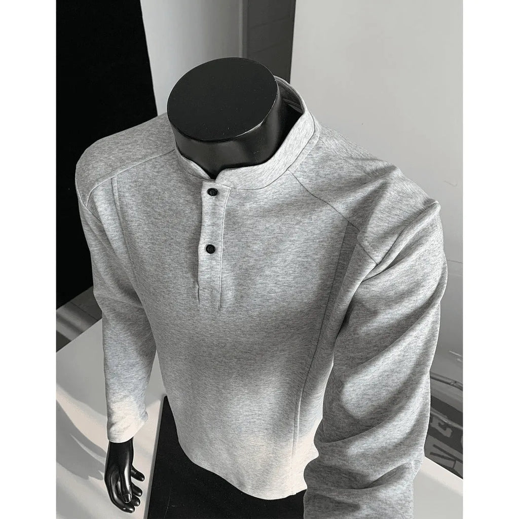Men's stand-up collar polo shirt with asymmetric patchwork design in grey colour