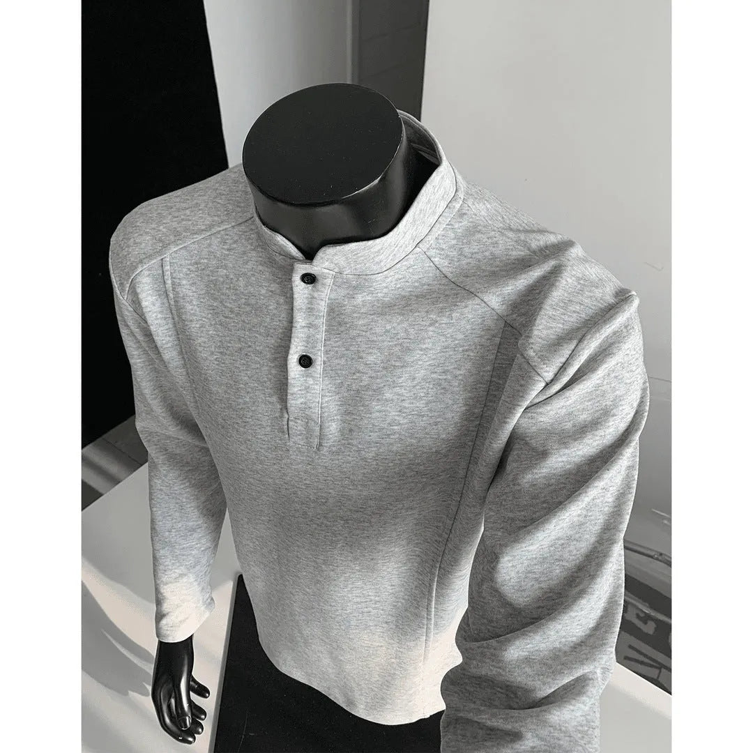 Men's stand-up collar polo shirt with asymmetric patchwork design in grey colour
