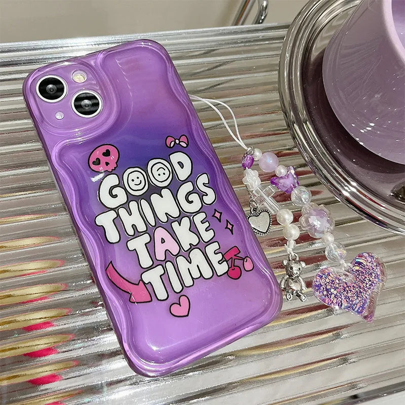 Purple graffiti English love design iPhone case with attached chain bracelet and pendant