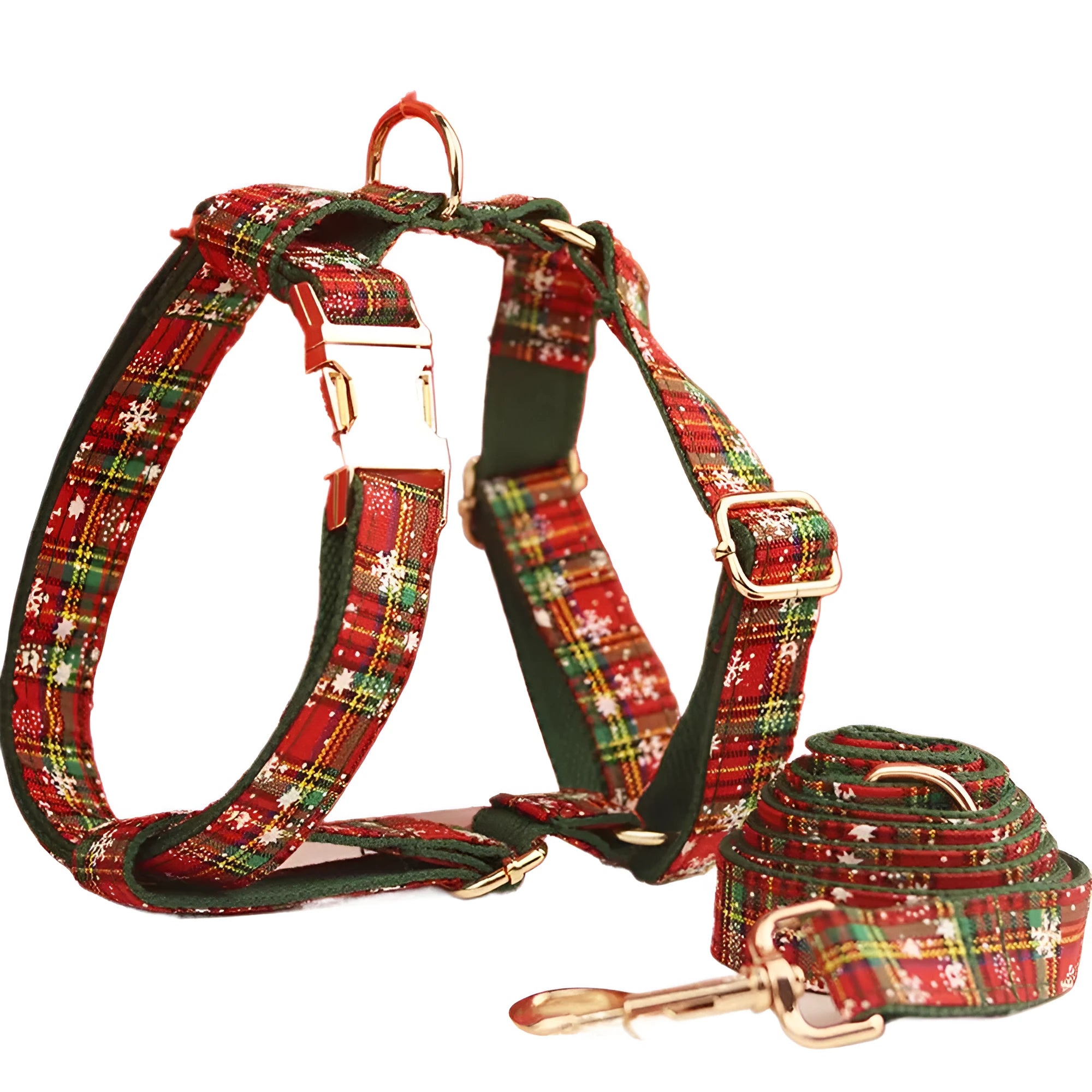 Green snowflake Christmas pet collar set with matching leash, bow, and vest for dogs