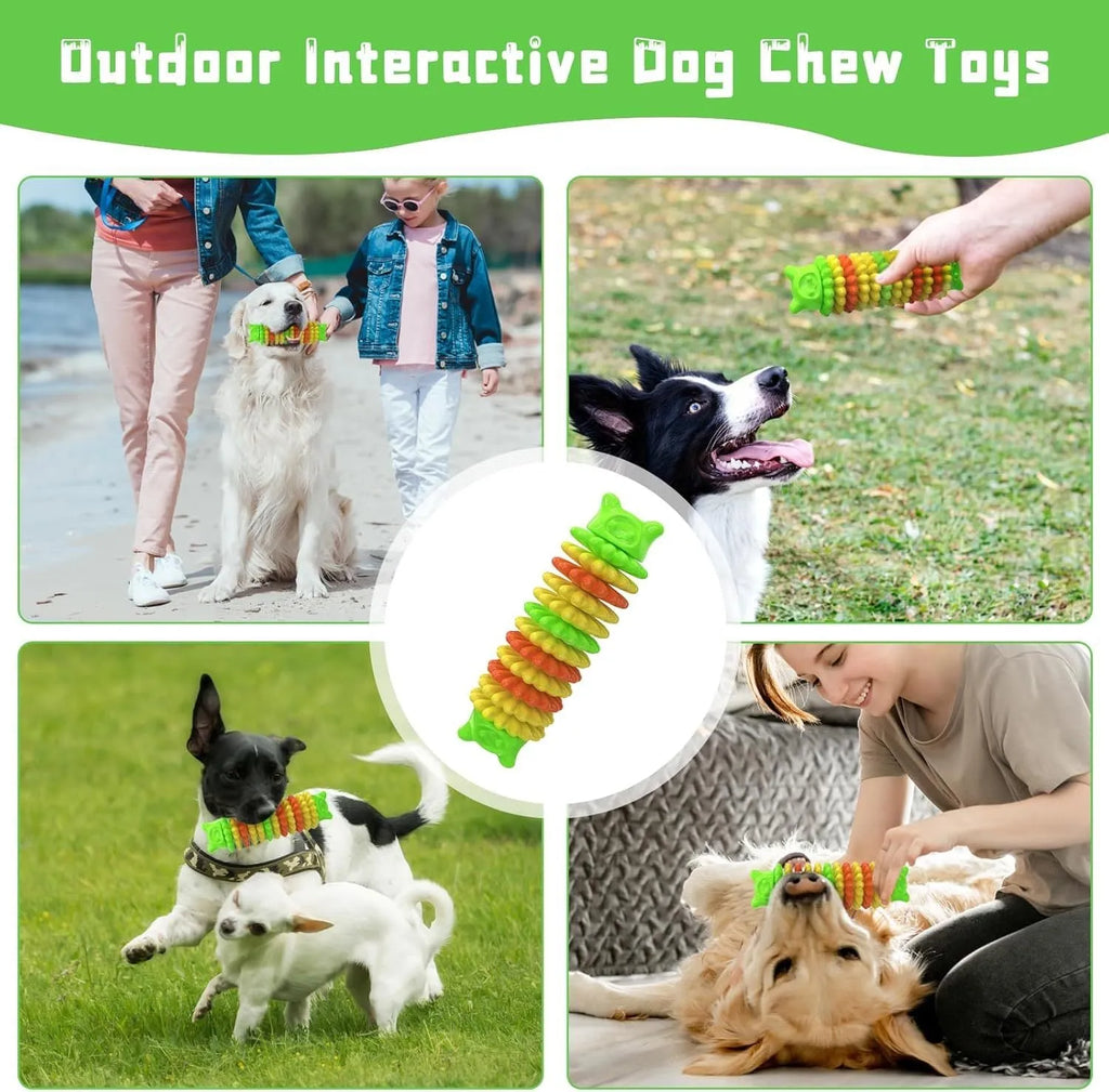 Blue rubber caterpillar-shaped dog chew toy measuring 17cm long with uneven biting surface