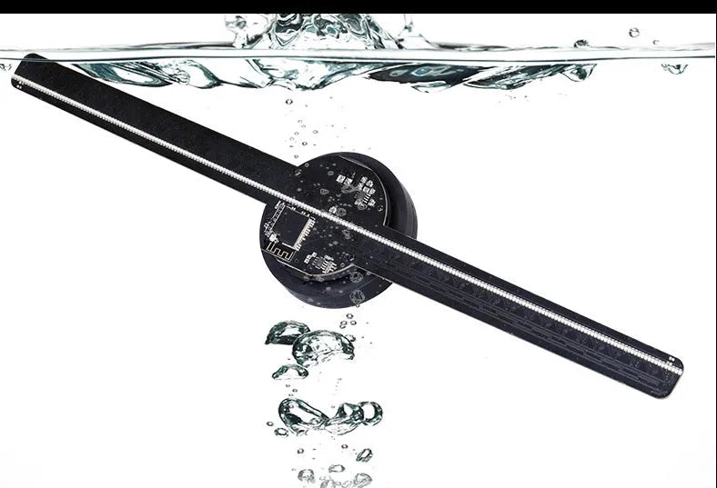 Black 42cm 3D holographic advertising fan screen display unit on a floor stand.