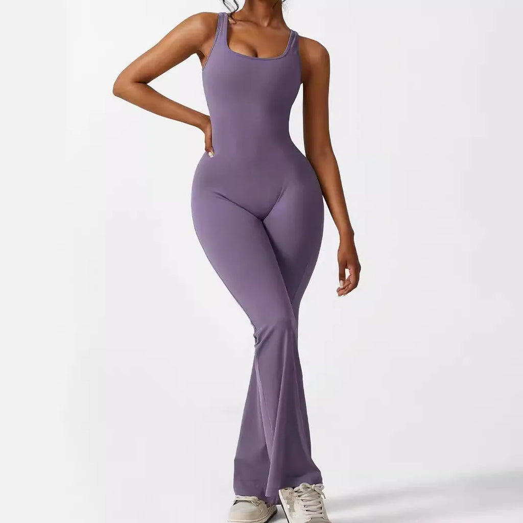 Women's sleeveless flare jumpsuit in Army Green colour for yoga and fitness activities