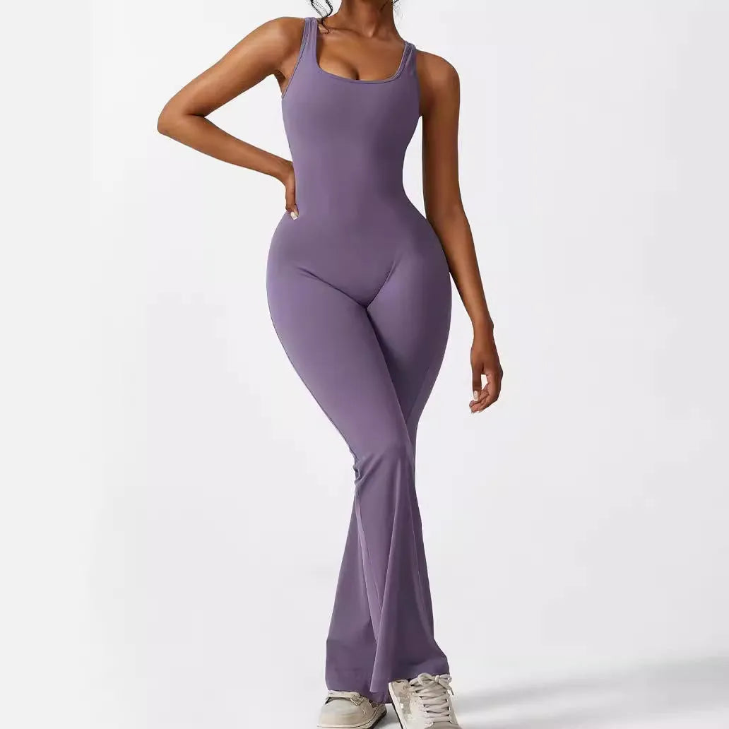 Women's sleeveless flare jumpsuit in Army Green colour for yoga and fitness activities