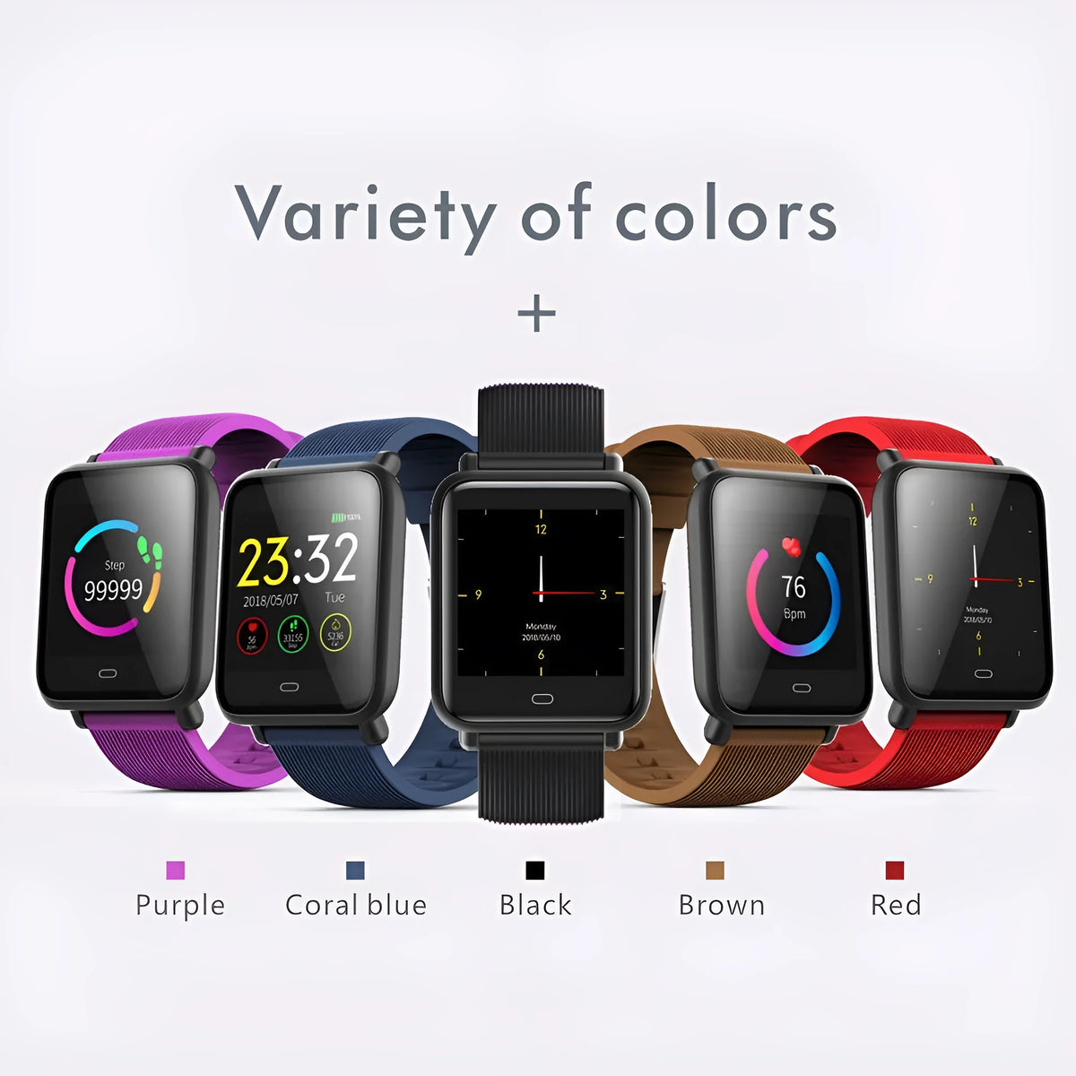 Q9 Smart Bracelet with 1.3 inch HD TFT touch screen, silicone strap and IP67 waterproof rating, in black