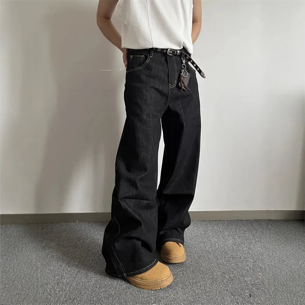 Black retro loose wide-leg jeans with a straight leg cut and zip fly on a mannequin.
