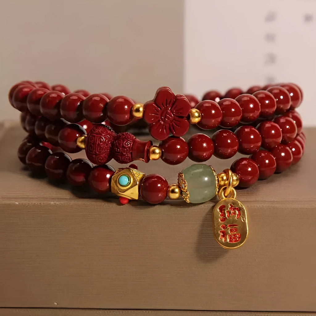 Red cinnabar bracelet with multi-circle gourd and five-petal flower geometric design