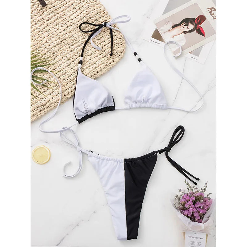 Black and white lace-up triangle cup women's bikini with briefs bottom