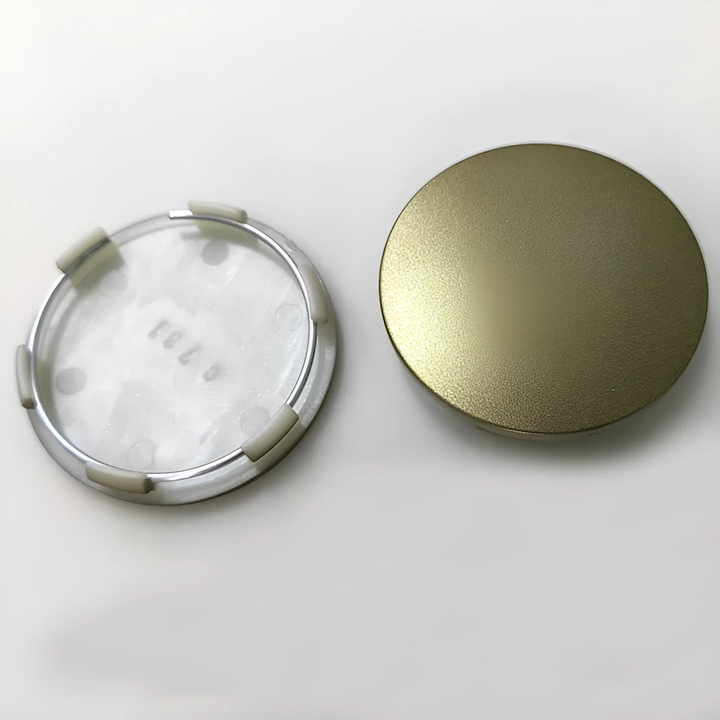 65mm diameter ABS plastic car hub centre cover in antique copper colour with aluminium label.