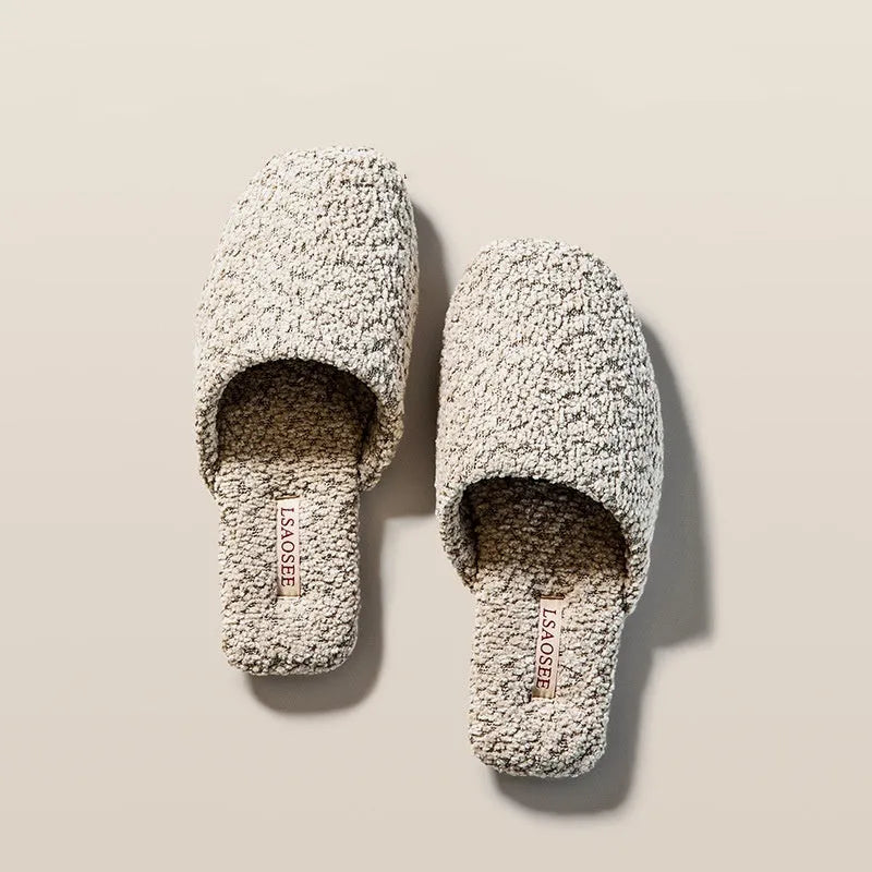 Fleece-lined thermal cotton slippers for women and men, non-slip beef tendon sole, square round toe, solid colour