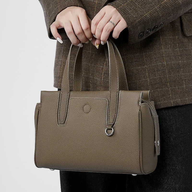 Genuine cowhide leather crossbody bag in horizontal square shape with shoulder strap