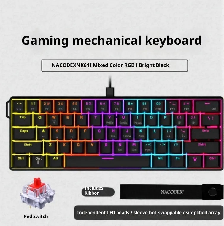 Ajazz NK61 wired mechanical keyboard in black or white with red switches, 61 keys, and Type-C cable