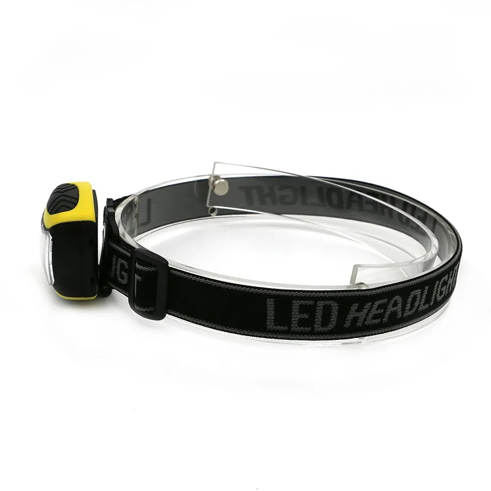 Yellow plastic headlamp with three speed settings and COB LED light for outdoor use.