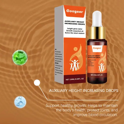 Googeer auxiliary height increasing drops bottle measuring 2.2cm by 9cm with 20ml capacity