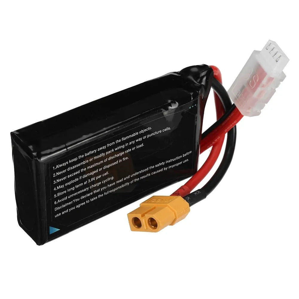 7.4V 1200mAh lithium battery for RC cars and boats measuring 15x36x70mm
