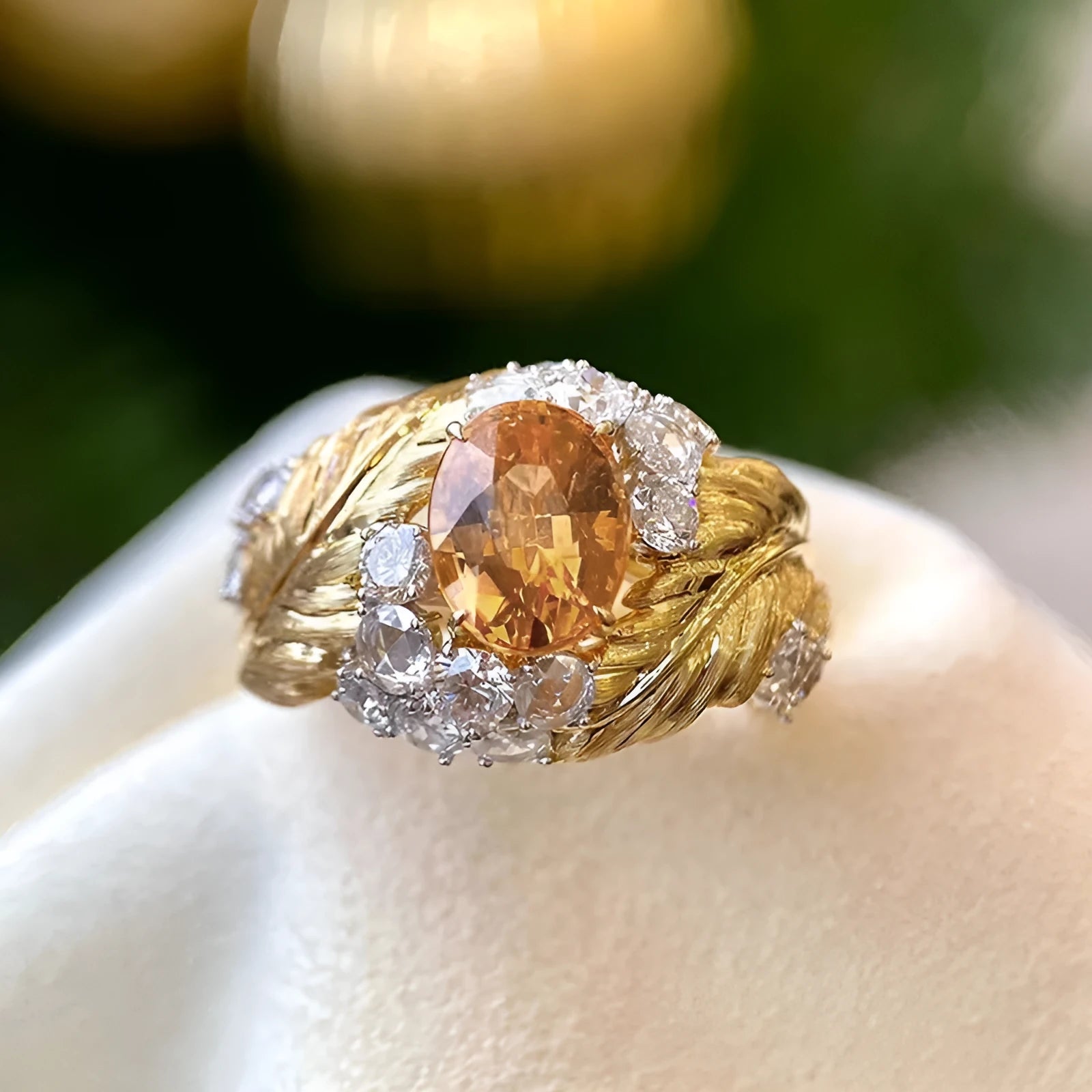 Gold-coloured embossed feather ring with geometric design and yellow zircon stone