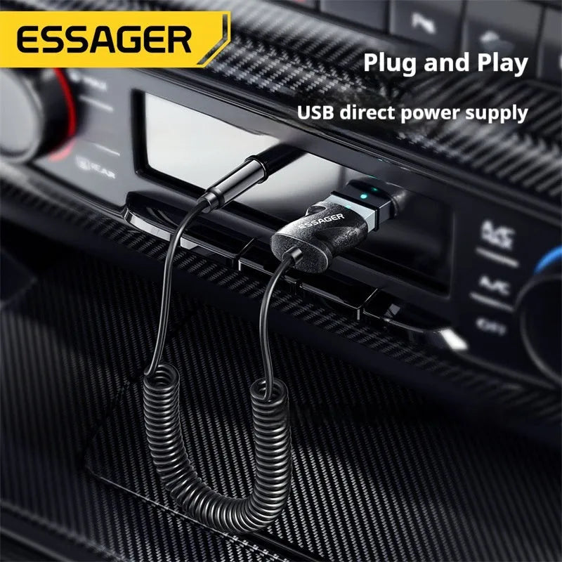 Black Bluetooth 5.0 audio receiver with gold-plated 3.5mm plug and TPE spring wire, 15g, for car aux input