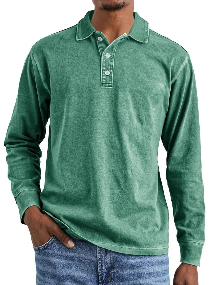 Men's retro washed pure cotton long sleeve polo shirt with a distressed lapel in army green