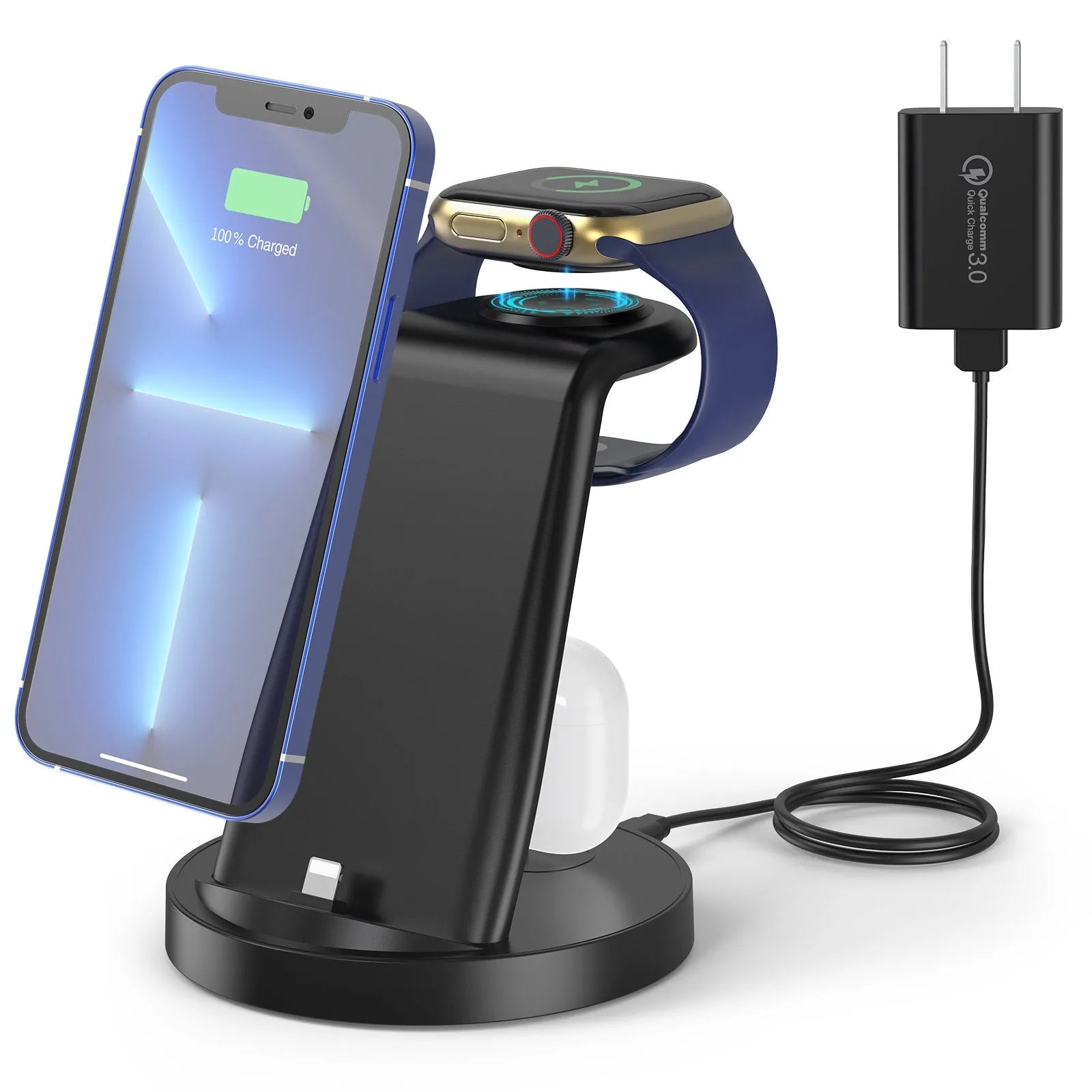 Three-in-one magnetic wireless charger mobile phone holder in white with fixed base