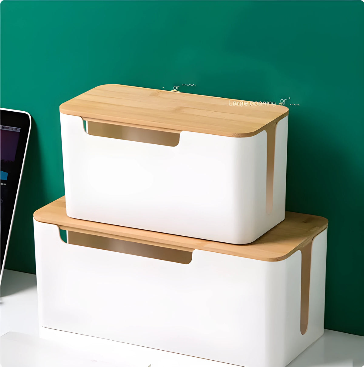 Plastic cable storage box for power strips and chargers, available in 23x11x12.5cm and 30.5x13.5x13cm sizes