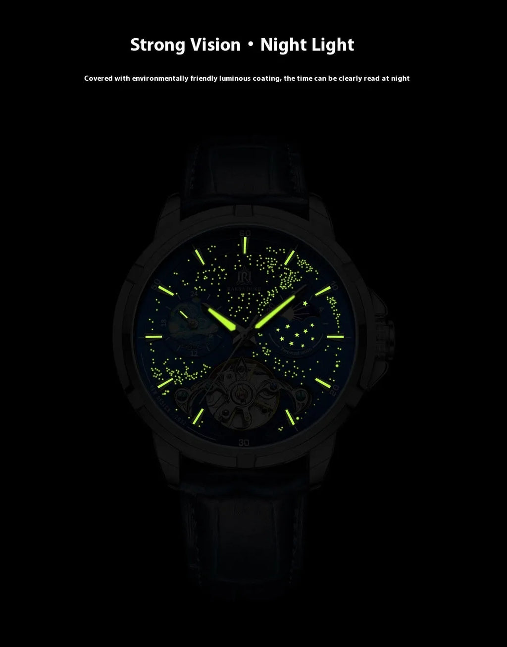 T885B blue men's automatic mechanical watch with skeleton dial showing internal movement