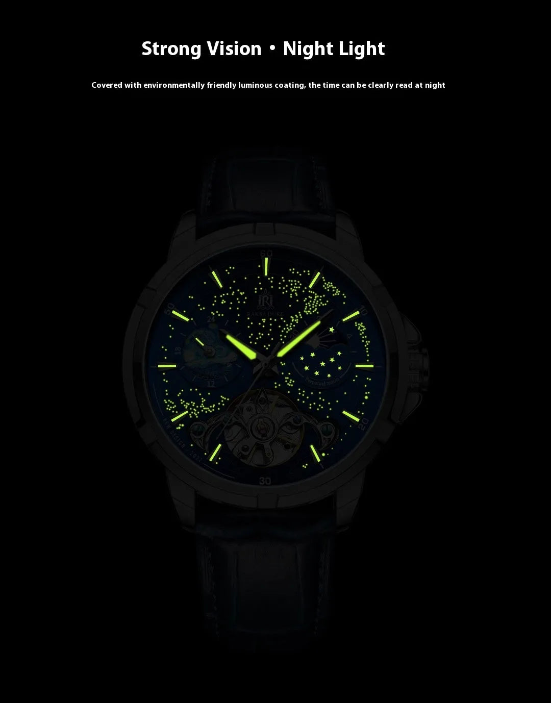 T885B blue men's automatic mechanical watch with skeleton dial showing internal movement