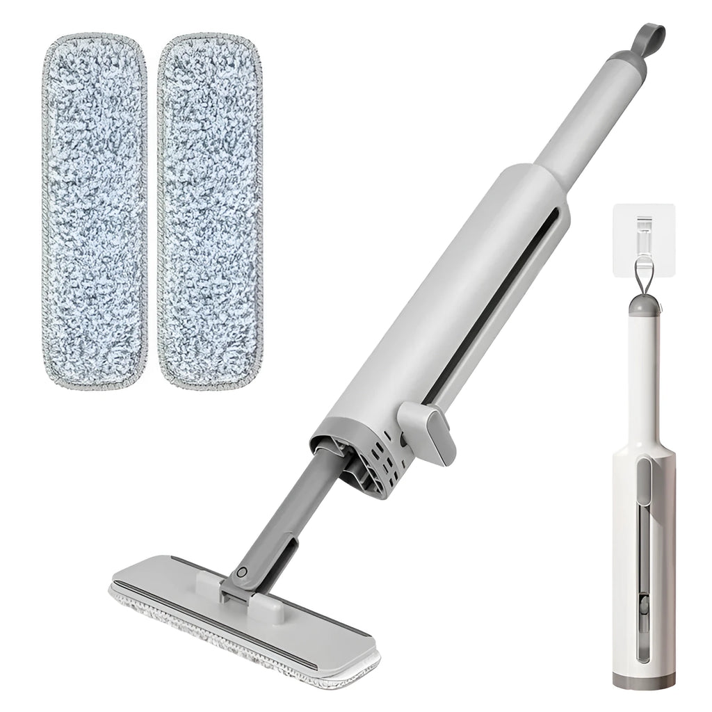 Rotatable self-squeeze flat mop with microfiber pads in grey, pink, or white.
