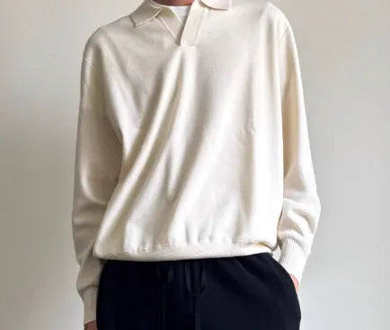 Milky White pure wool polo sweater with a lapel collar, shown in a loose fit.