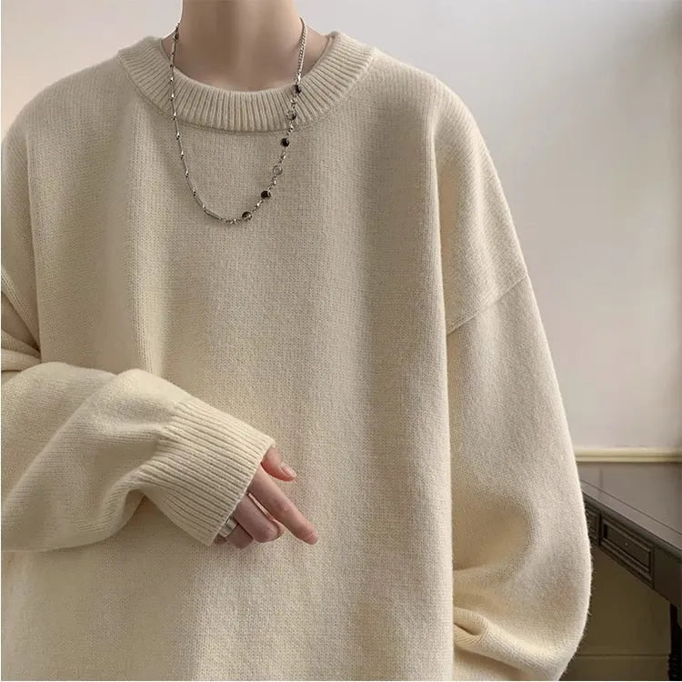 Men's loose fit pullover sweater in light grey polyester, long sleeve, Japanese style, winter daily wear.