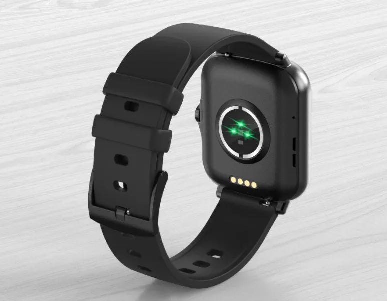 Smart watch with blue strap and 1.7-inch colour touch screen displaying time and heart rate