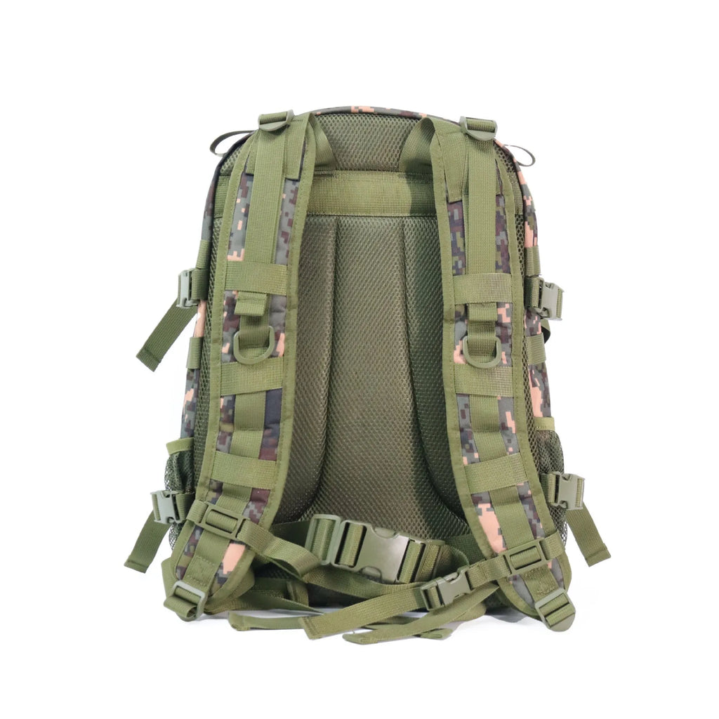 Camouflage pattern outdoor waterproof rucksack with air pillow belt system showing 30x15x46 cm dimensions