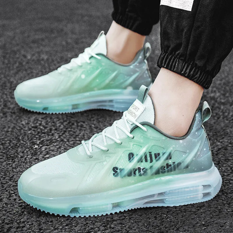 Men's black and green mesh platform sneakers with rubber sole and front lace-up design