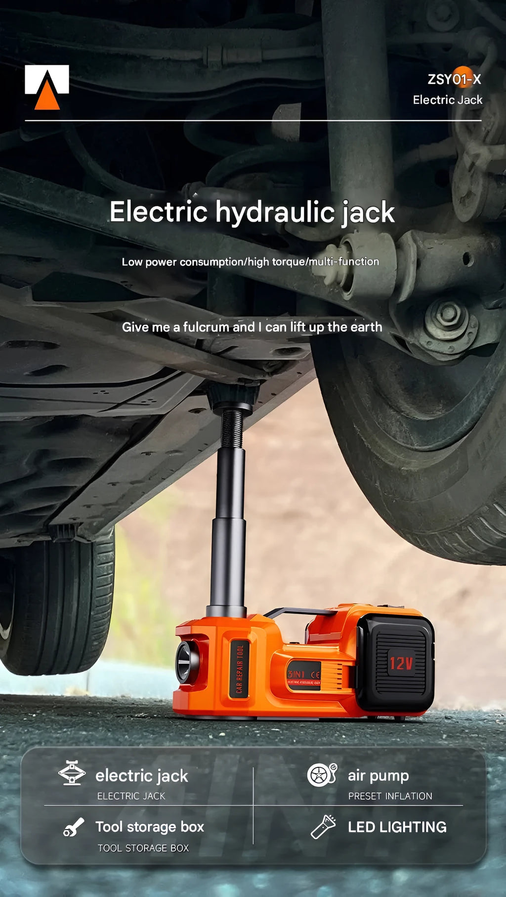 12V electric hydraulic jack off-road edition 3-in-1 tire change tool with inflator hose and wrench on storage bag