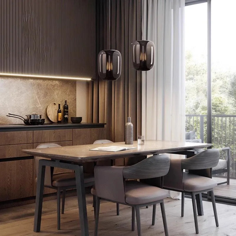 Nordic minimalist glass chandelier pendant light in clear, cognac, or smoky grey colour options