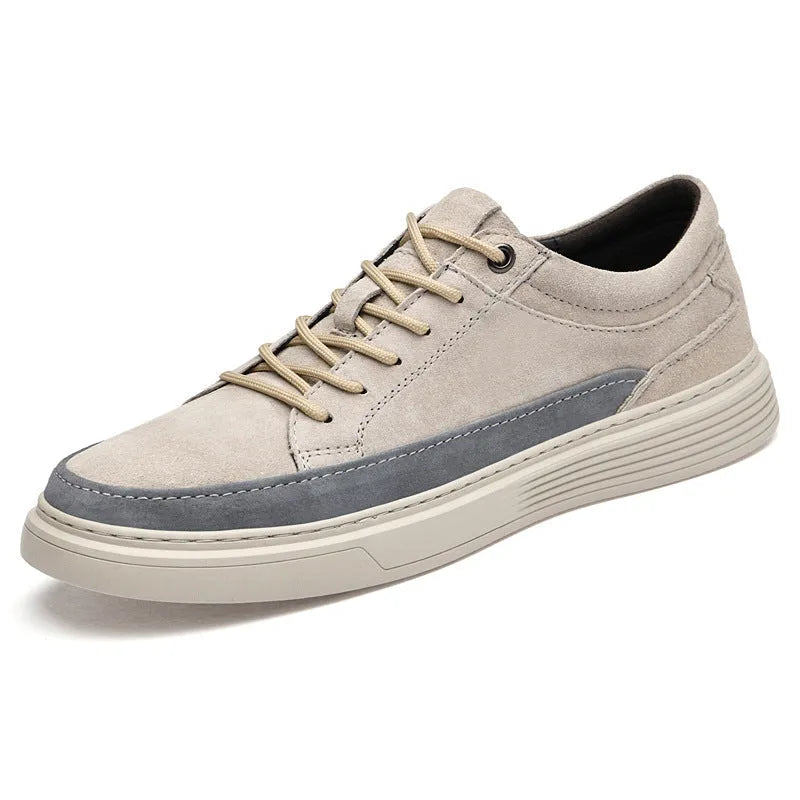 Men's casual leather skate shoes in grey colour with round toe and lace-up front