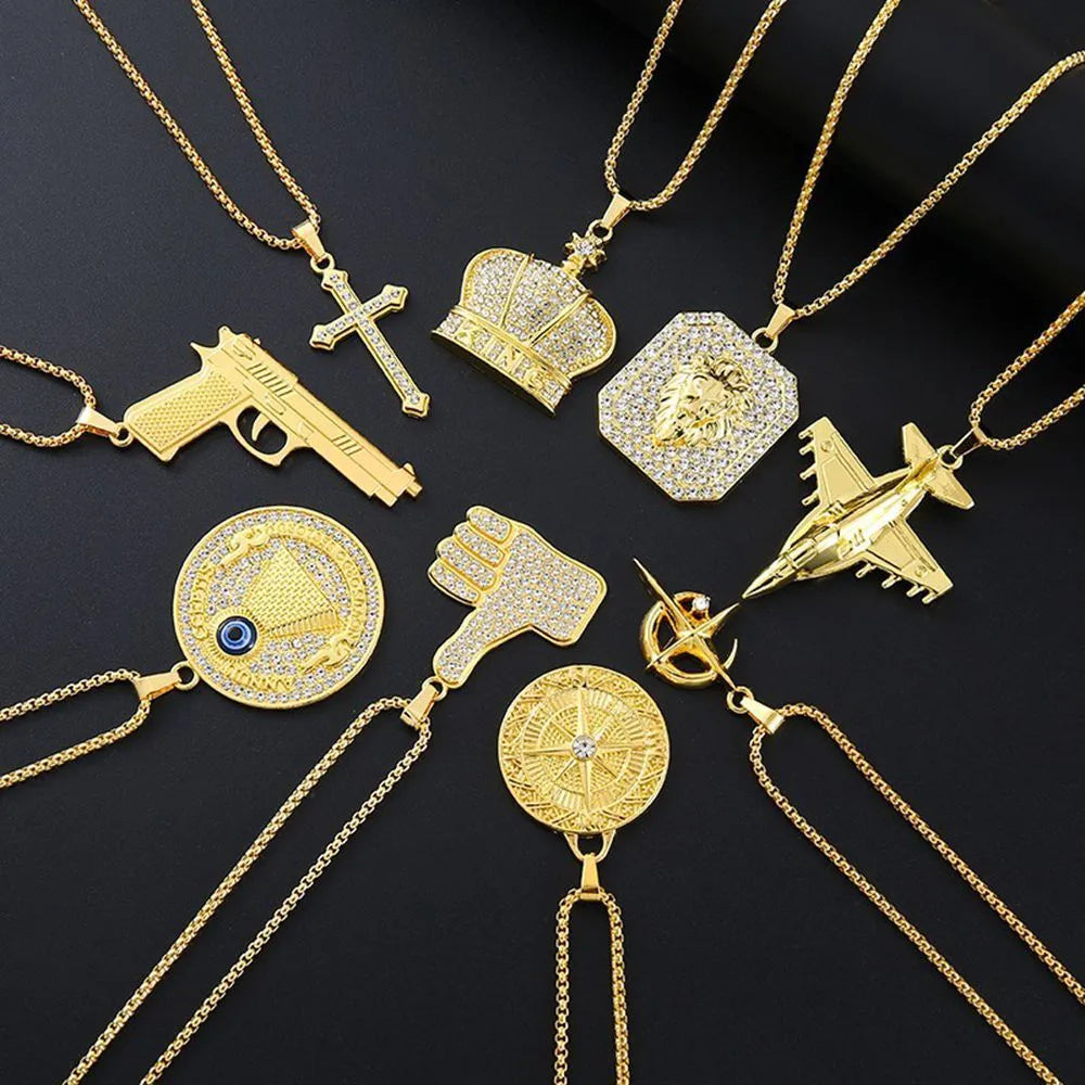 Geometric gold pendant necklace with diamond-cut zircon detailing on alloy material