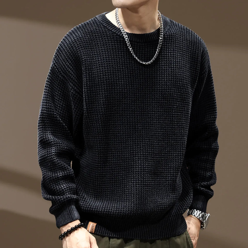 Men's loose fit cotton round neck sweater in dark coffee, thick needle retro knit, long sleeve pullover