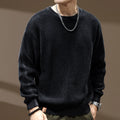 Men's loose fit cotton round neck sweater in dark coffee, thick needle retro knit, long sleeve pullover