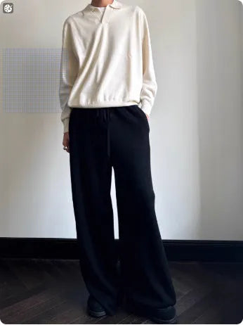 Milky White pure wool polo sweater with a lapel collar, shown in a loose fit.