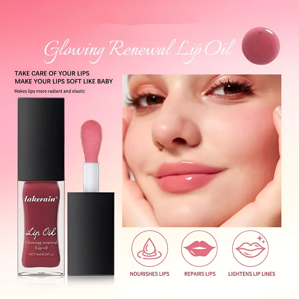 8ml lip oil in seven colour options: coral, clear, honey, jam, pink, red and rose