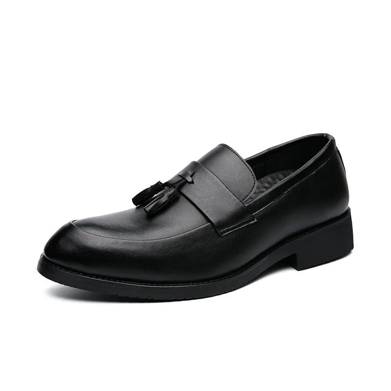 Men's black slip-on business casual shoes with tassel detailing and rubber sole