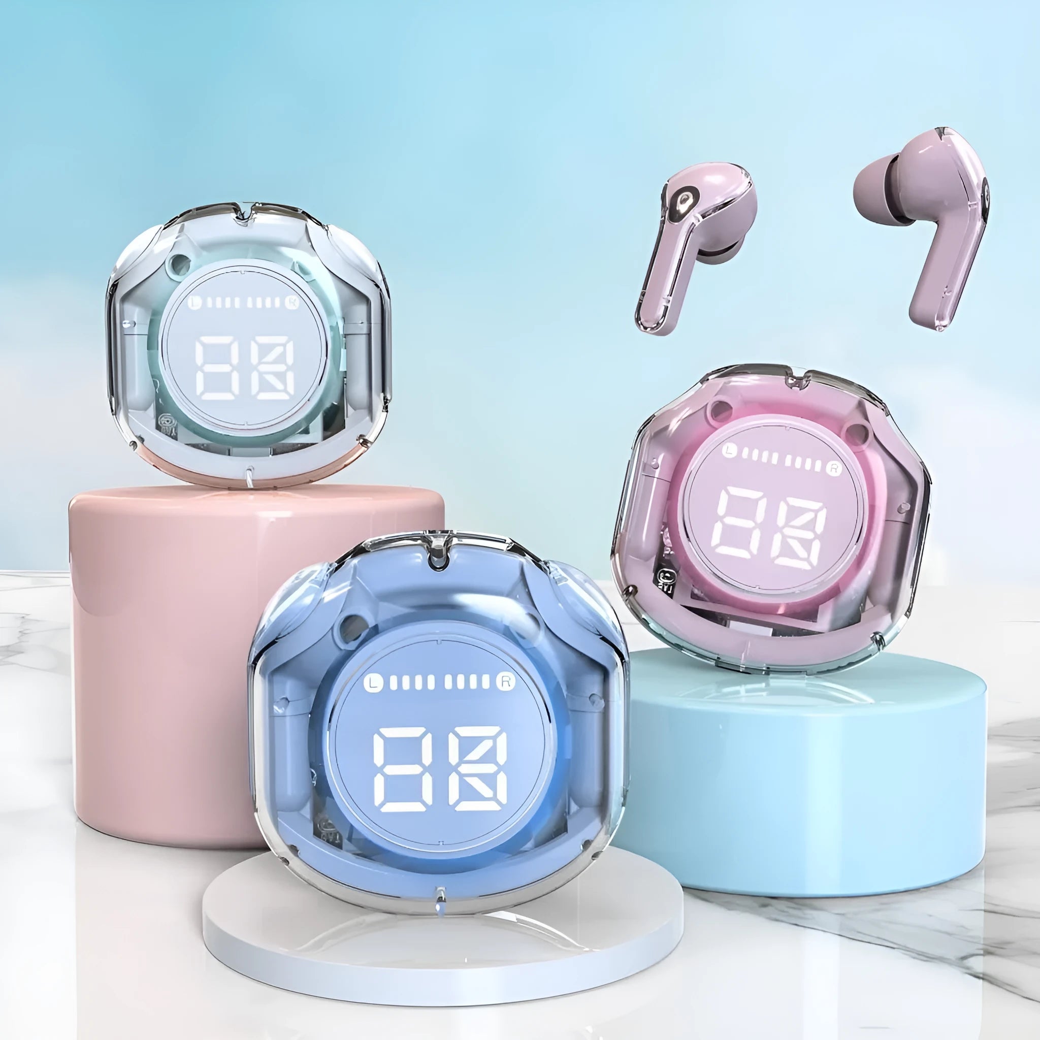 Transparent plastic in-ear wireless Bluetooth headset shown in five colour variations.