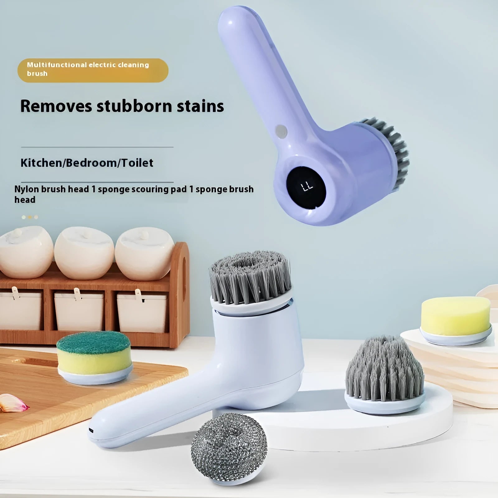 USB rechargeable electric cleaning brush in light grey or purple with multiple cleaning heads for kitchen use