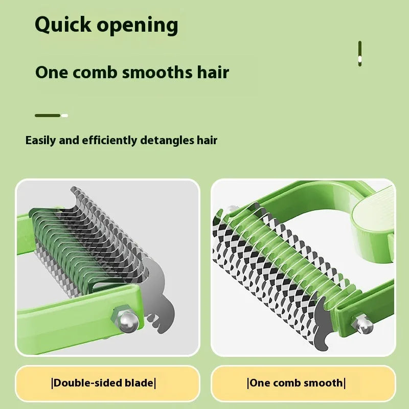Green and grey pet unknotting comb for dogs with stainless steel teeth on a PP handle.