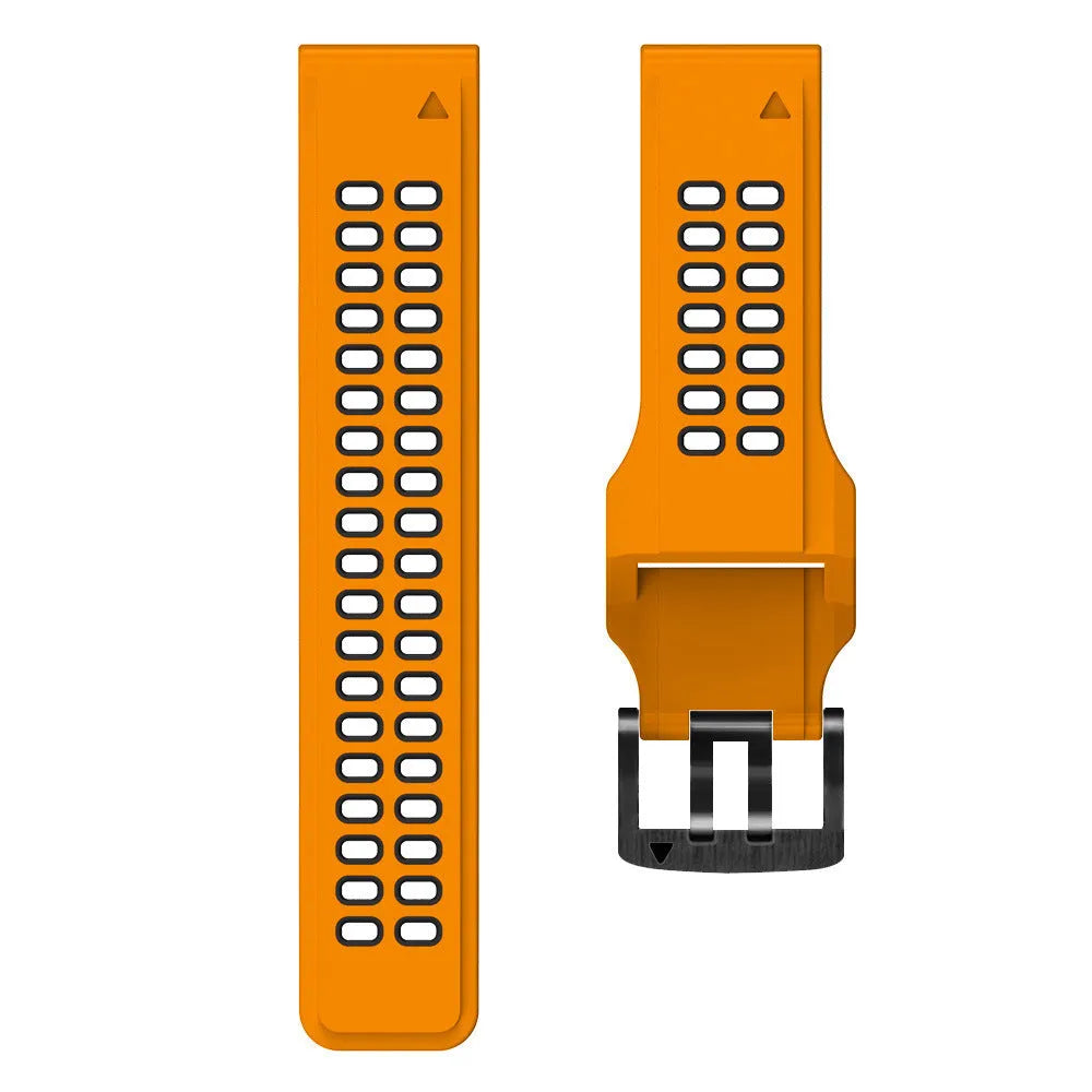Two-colour quick release silicone watch strap showing pin buckle and double-row holes, in Army Green and black.