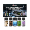 Car air freshener vent clip refill kit with five 10ml bottles of different fragrance essential oils