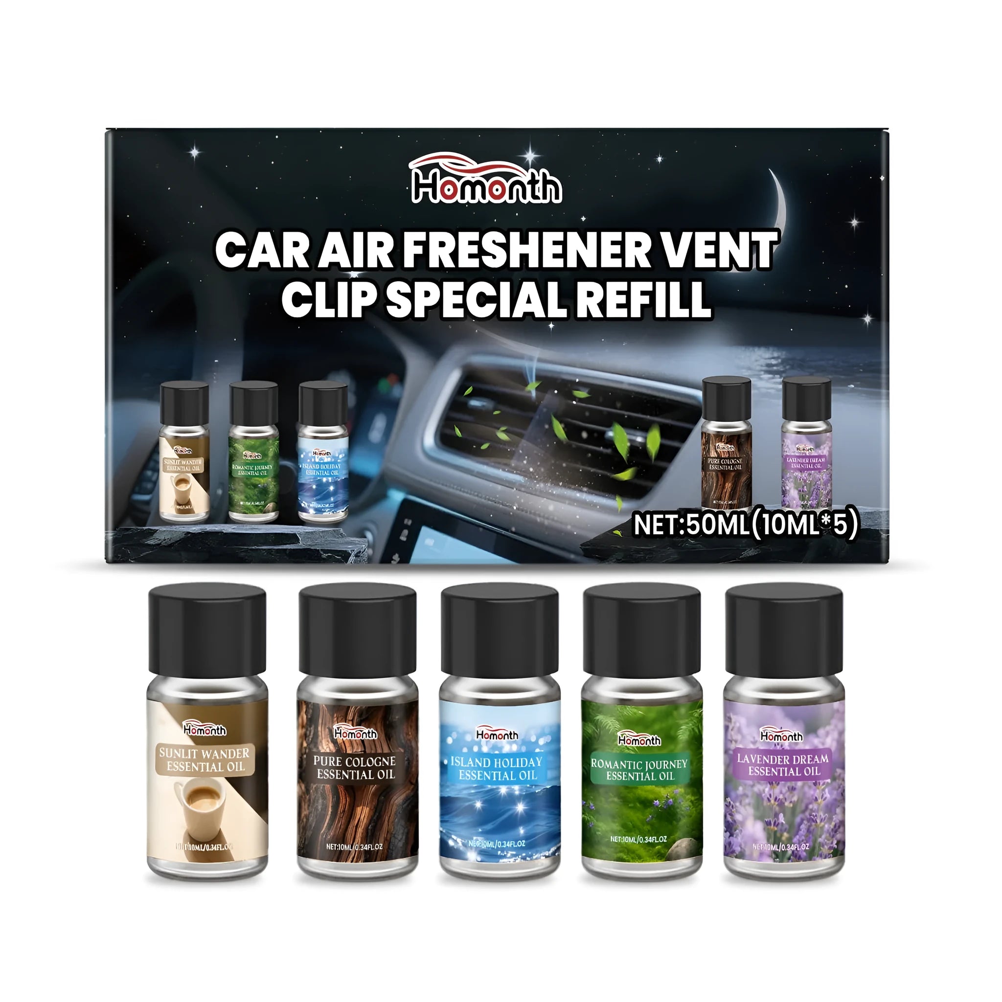 Car air freshener vent clip refill kit with five 10ml bottles of different fragrance essential oils